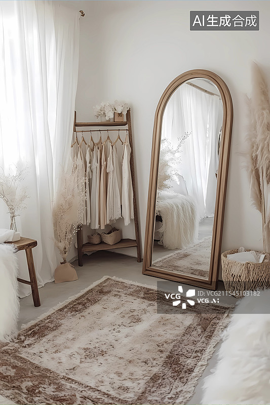 【AI数字艺术】温馨衣帽间试衣镜卧室地毯图片素材