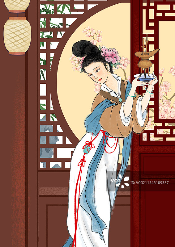 古典风格汉服女子中式园林图片素材