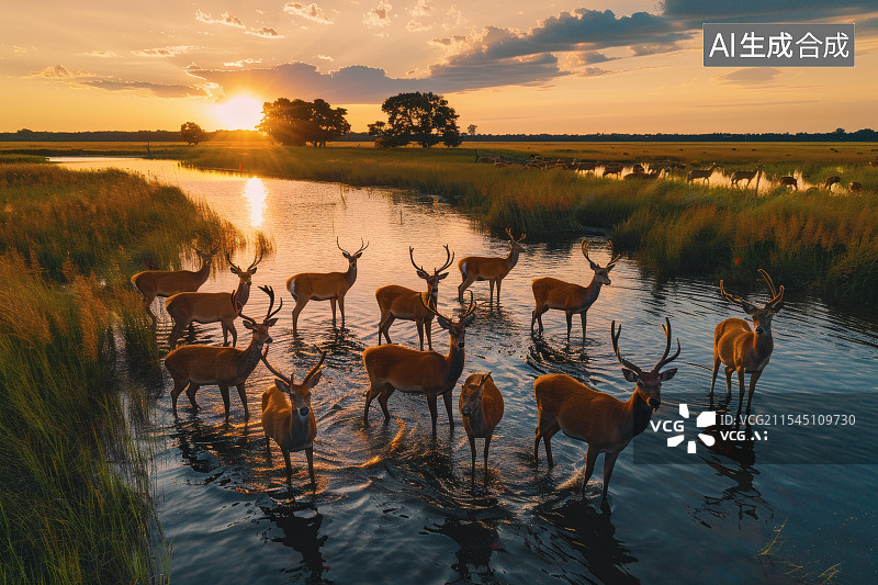 【AI数字艺术】夕阳下湿地公园内的一群麋鹿图片素材