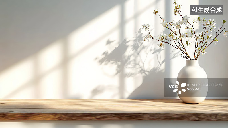 【AI数字艺术】阳光下靠墙木桌上花瓶的特写图片素材