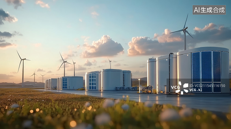 【AI数字艺术】风力发电制氢技术产业，风能和氢能源概念图片素材