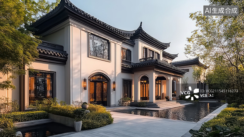 【AI数字艺术】现代中式庭院别墅景观设计图片素材
