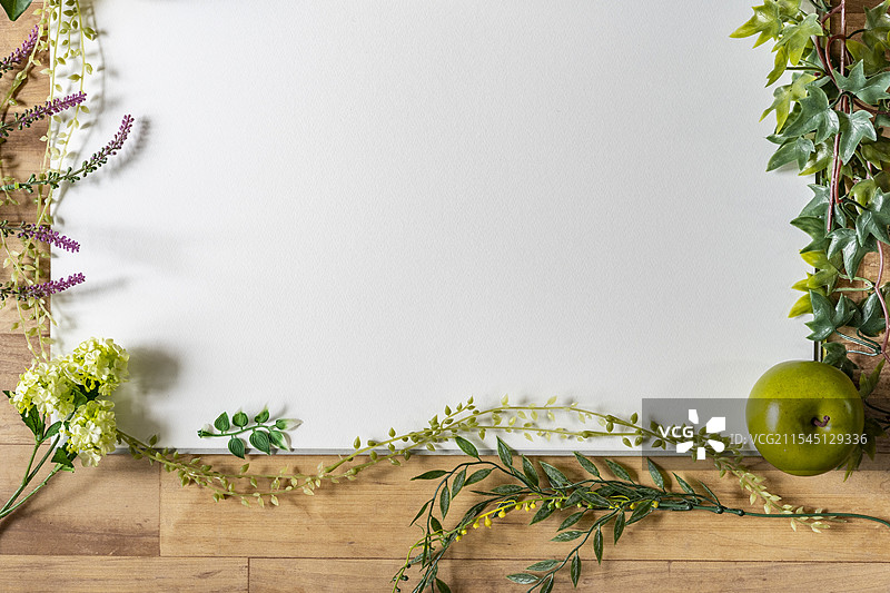 被绿植环绕的白色画布图片素材