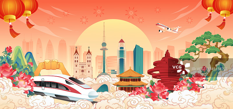 国风国潮风春节新年国庆山东青岛城市地标建筑青岛城市天际线建筑群矢量插画图片素材