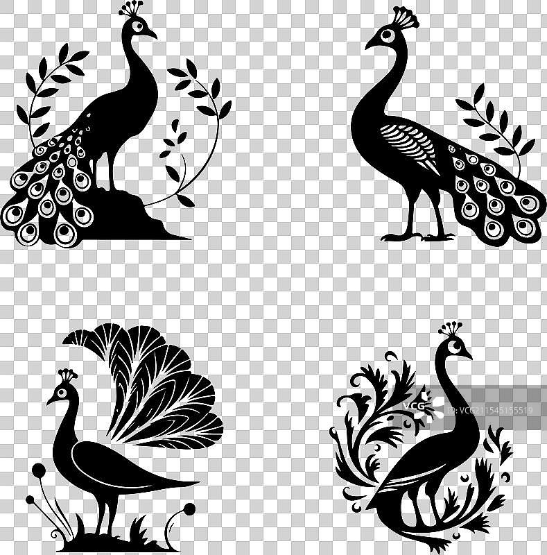 黑色平面孔雀剪影图片素材