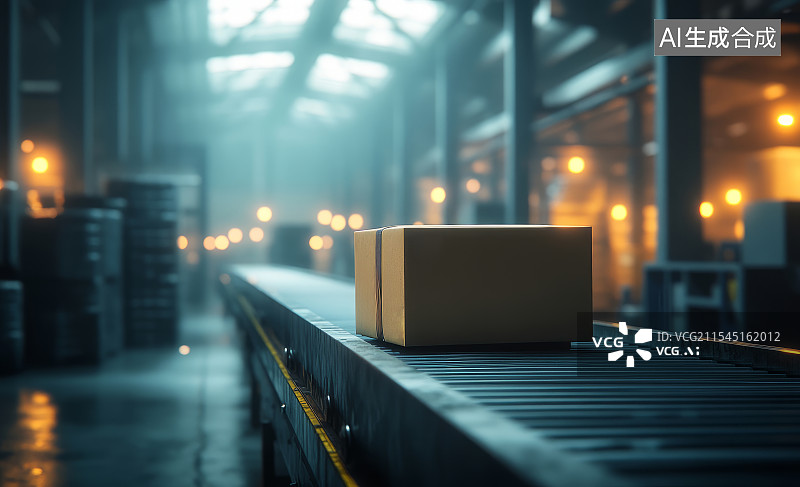 【AI数字艺术】快递纸箱包裹在传送带上，快递物流仓库场景图片素材