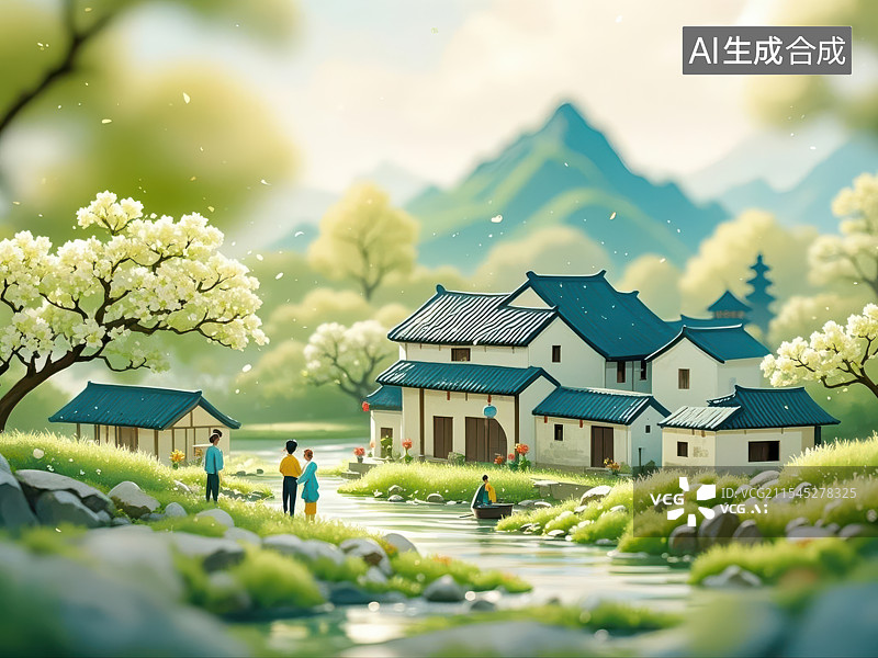 【AI数字艺术】水墨江南春日景，春日山河樱飞舞图片素材