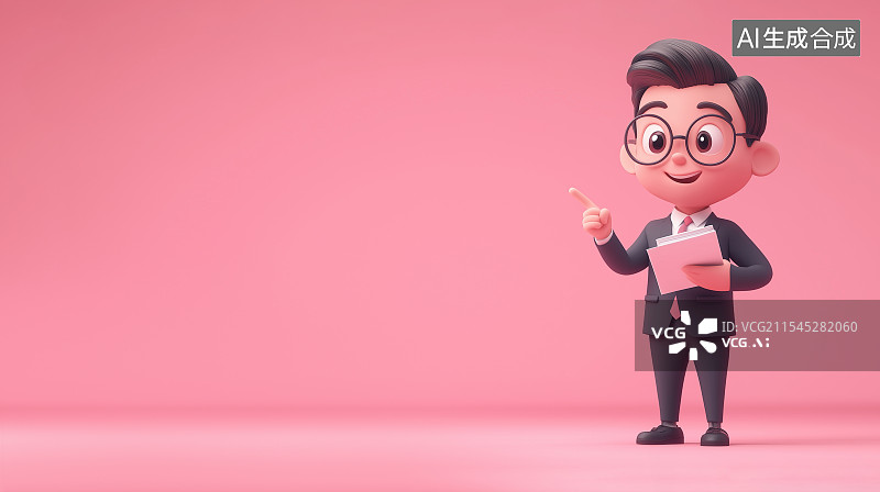 【AI数字艺术】一个卡通西装男人全身形象，穿着西装，手持文件，面带微笑，显得专业而友好图片素材