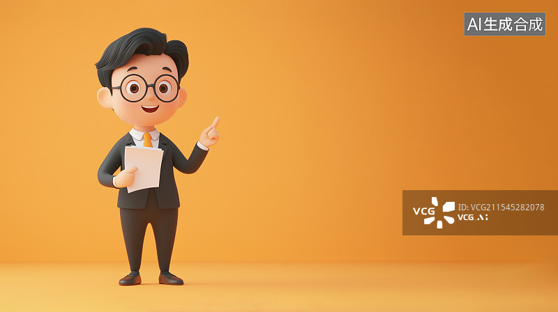 【AI数字艺术】一个卡通西装男人全身形象，穿着西装，手持文件，面带微笑，显得专业而友好图片素材