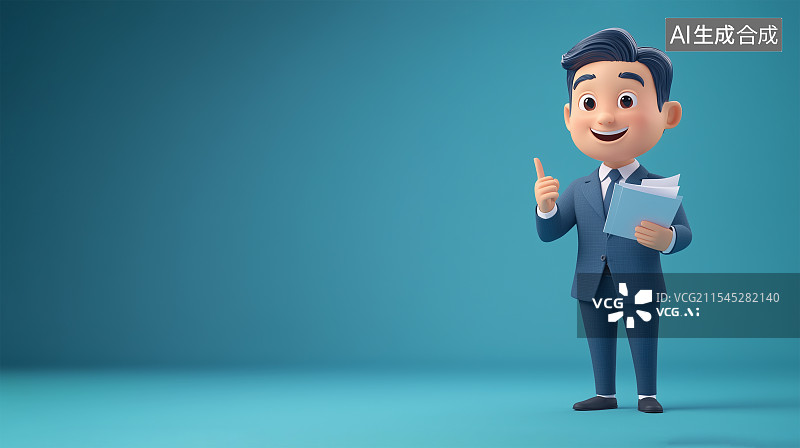 【AI数字艺术】一个卡通西装男人全身形象，穿着西装，手持文件，面带微笑，显得专业而友好图片素材