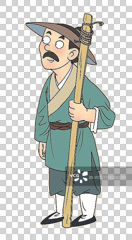 拿着扁担站立的古代农民卡通漫画人物元素图片素材