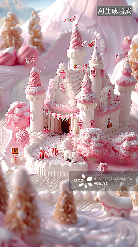【AI数字艺术】3D渲染奶油风可爱的少女心城堡图片素材