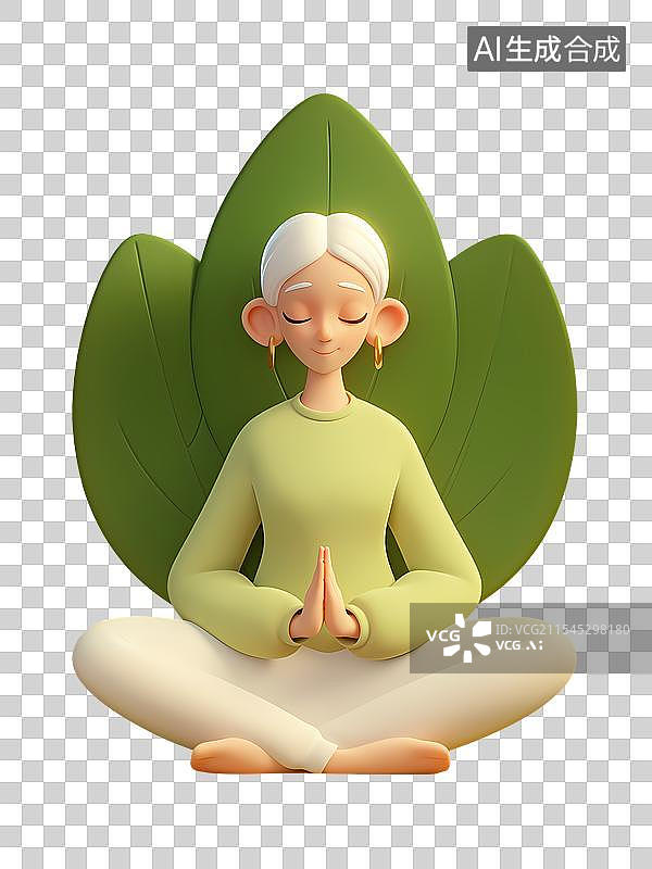 【AI数字艺术】极简3D插画：放松的老年女子冥想图片素材