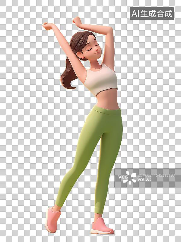 【AI数字艺术】极简3D插画：快乐健身女子拉伸动作图片素材