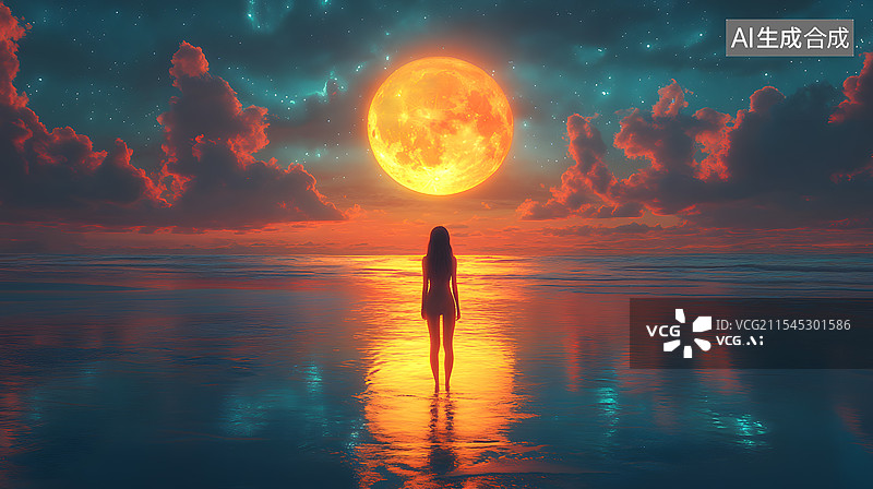 【AI数字艺术】月下美女插画图片素材