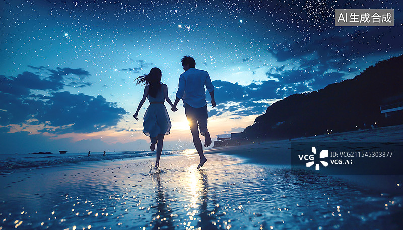 【AI数字艺术】海滩上牵手的情侣图片素材
