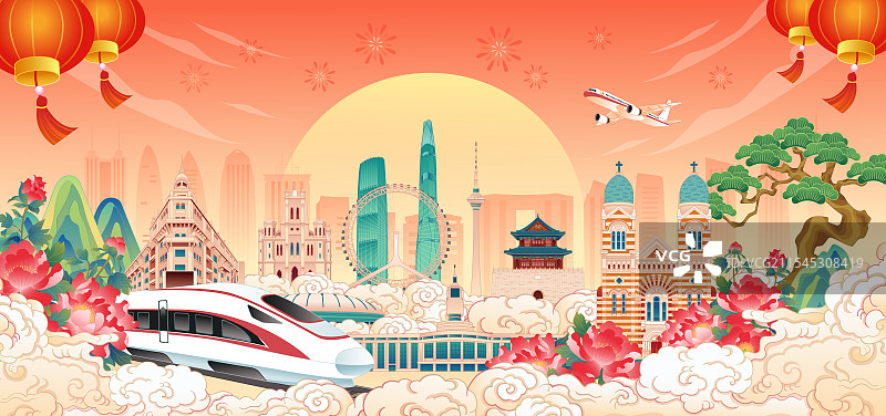 国风国潮风春节新年国庆天津城市地标建筑天津城市天际线建筑群矢量插画图片素材