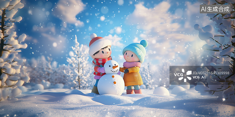 【AI数字艺术】雪地中的欢乐：小孩堆雪人图片素材