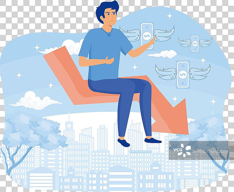 商人坐在箭头上，象征股市崩盘图片素材