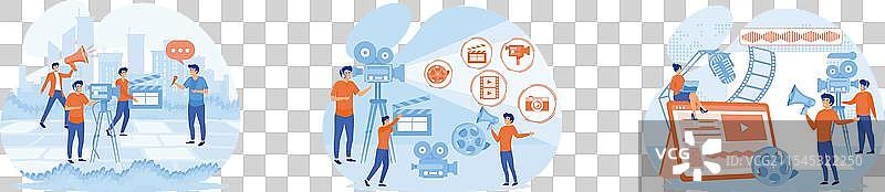 人们戴着耳机拍摄和交谈图片素材