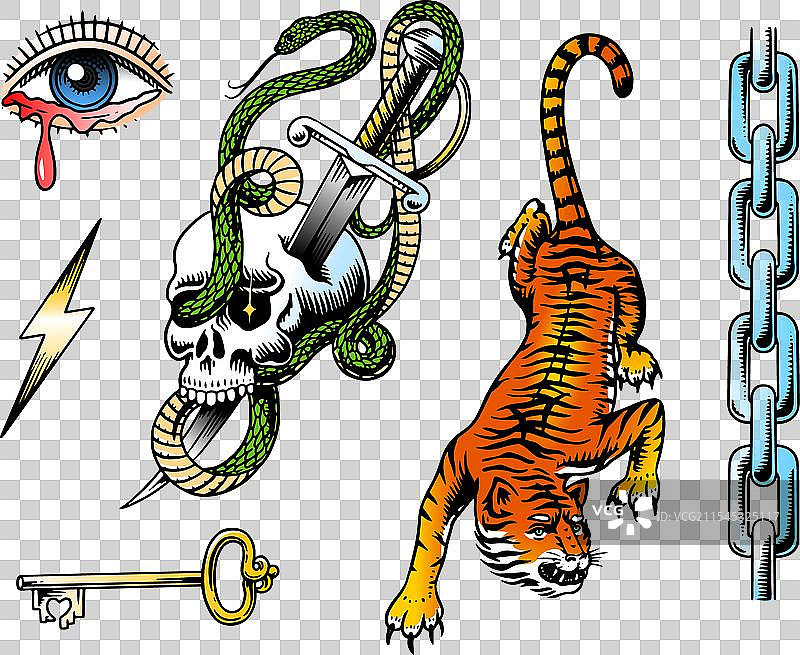 老式纹身图案：骷髅中的蛇与匕首图片素材