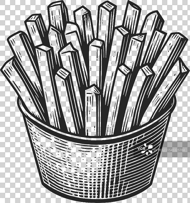 纸箱中的薯条雕刻素描图片素材