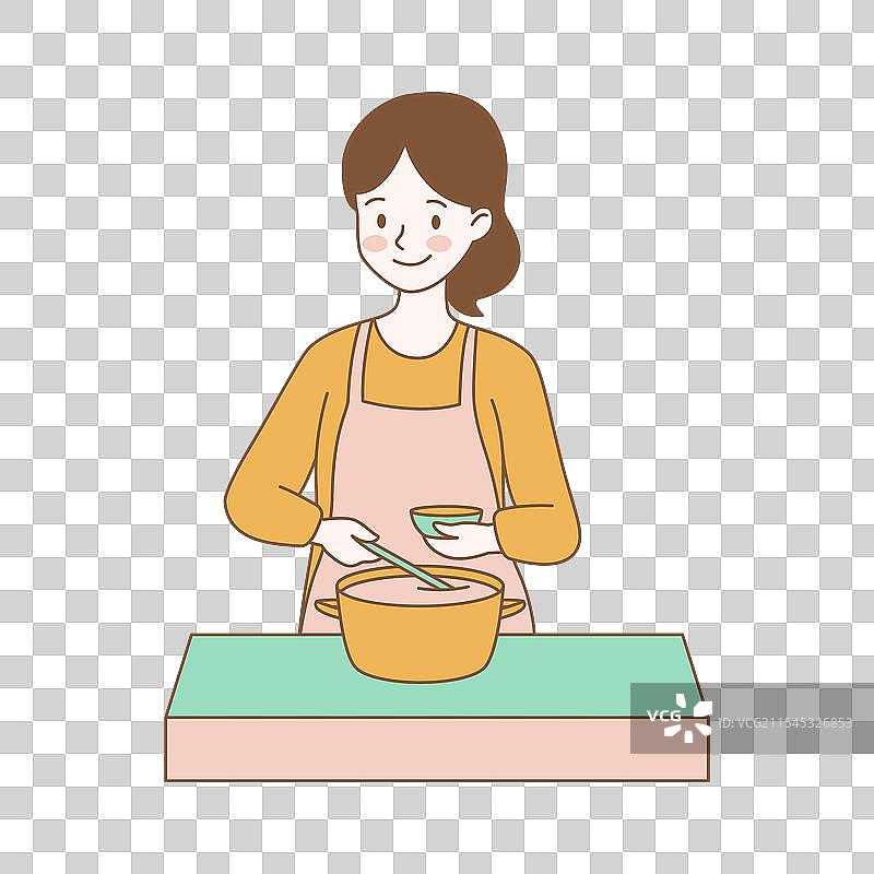 可爱的女孩卡通角色正在用平底锅做饭图片素材