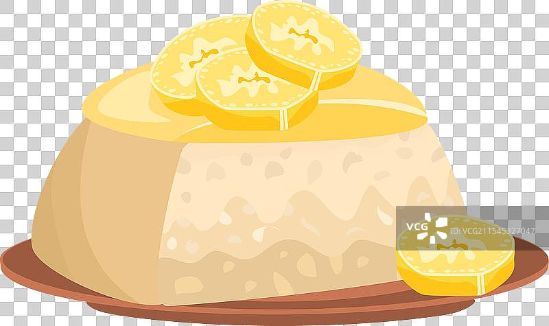 米饭布丁甜点，上面放有柠檬片，味道甜美图片素材