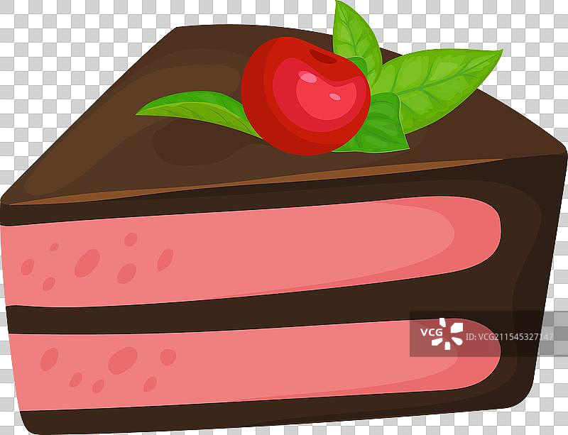 切片巧克力蛋糕，上面有粉色奶油和樱桃装饰图片素材