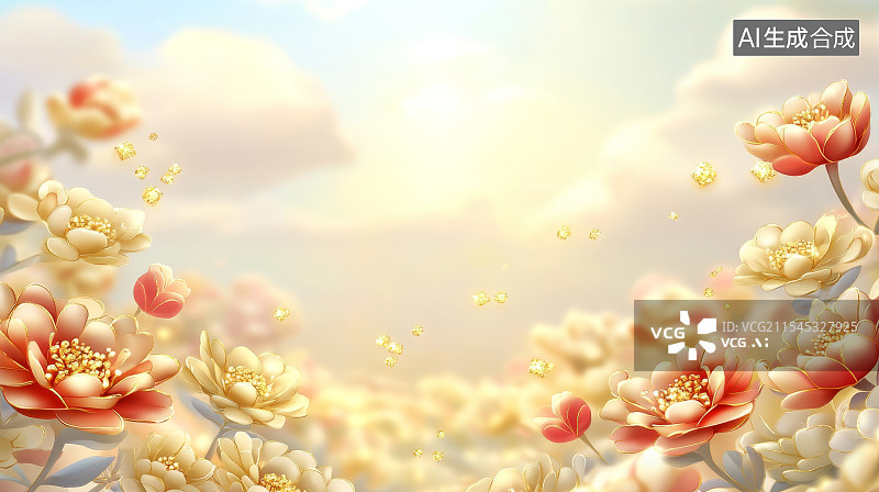 【AI数字艺术】金色国风鲜花背景图片素材