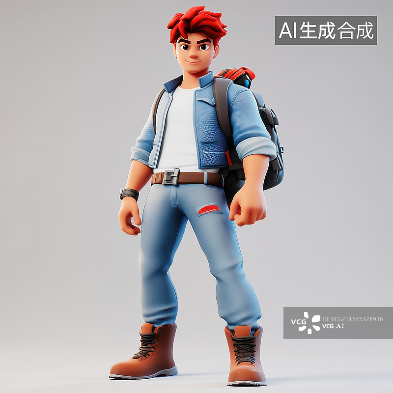 【AI数字艺术】红色头发背包的小男孩卡通形象图片素材