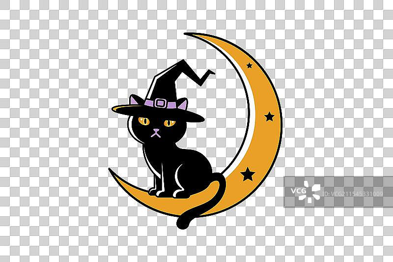 戴着女巫帽的黑猫坐在新月上图片素材