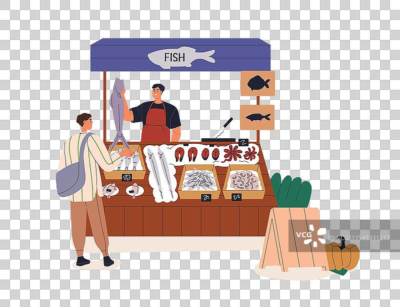 鱼市摊位，鱼贩出售新鲜鱼类图片素材