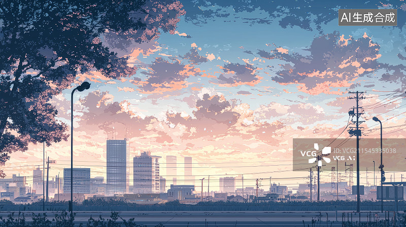 【AI数字艺术】夕阳下的城市郊区远景图片素材