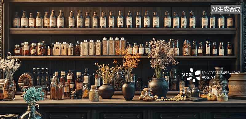 【AI数字艺术】一个温馨的药草店或香料店的内部场景。画面中，木制的货架上摆放着各种各样的瓶子和罐子图片素材