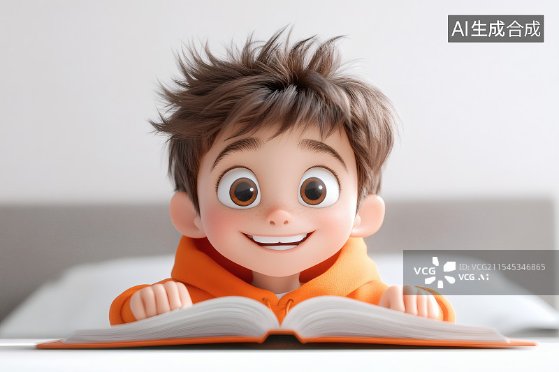 【AI数字艺术】卡通风格的小男孩坐在书桌前阅读书本，世界读书日宣传背景图图片素材