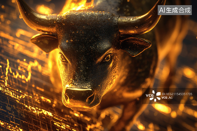 【AI数字艺术】牛市，凶猛发力的野牛与K线图图片素材