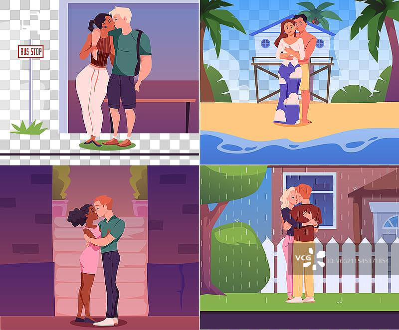 不同地点的亲吻情侣组合平面图图片素材