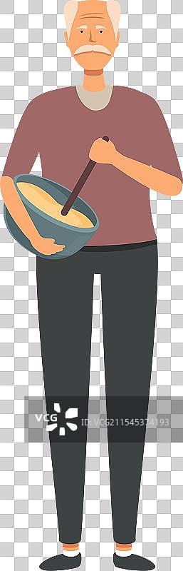 卡通图标：老年人用搅拌器在碗中搅拌图片素材