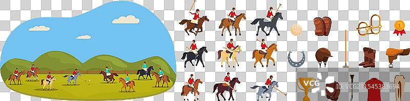 马球骑手卡通图标集图片素材