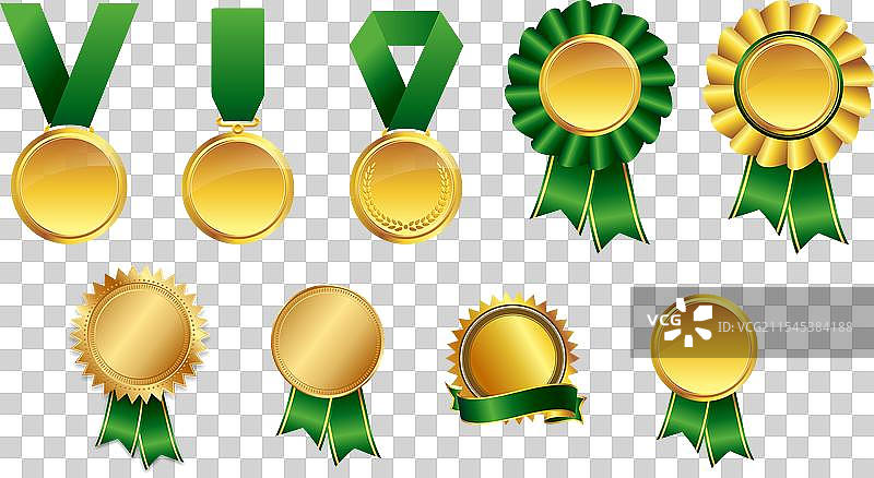 金色和绿色奖牌丝带套装图片素材