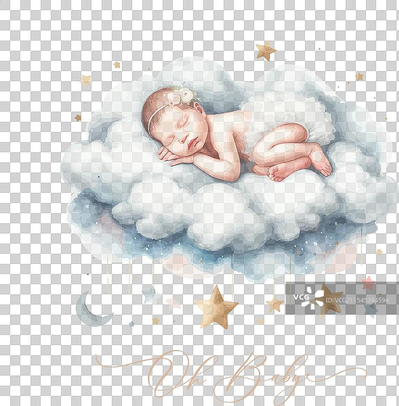 新生儿在云朵上安静地睡觉，哦，宝贝。图片素材