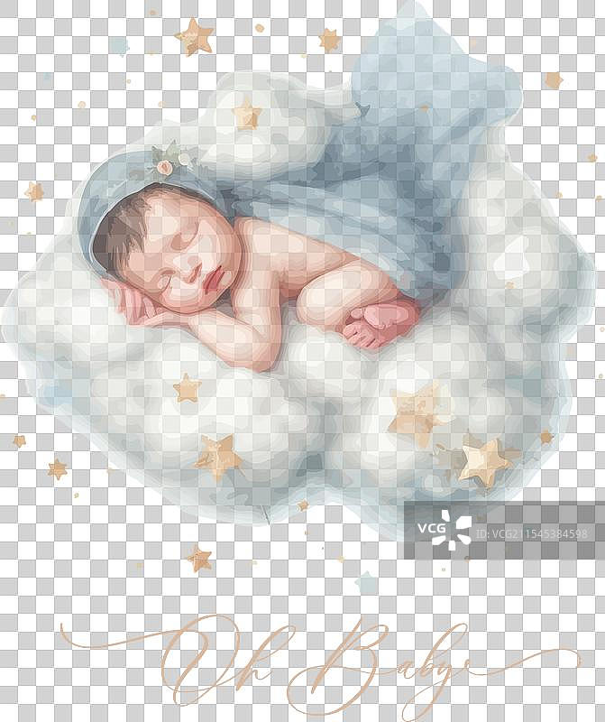 新生儿在云朵上安静地睡觉，哦，宝贝。图片素材