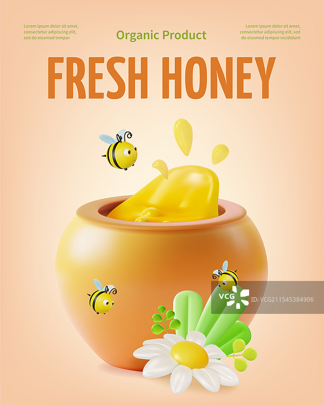 3D有机产品新鲜蜂蜜概念横幅图片素材