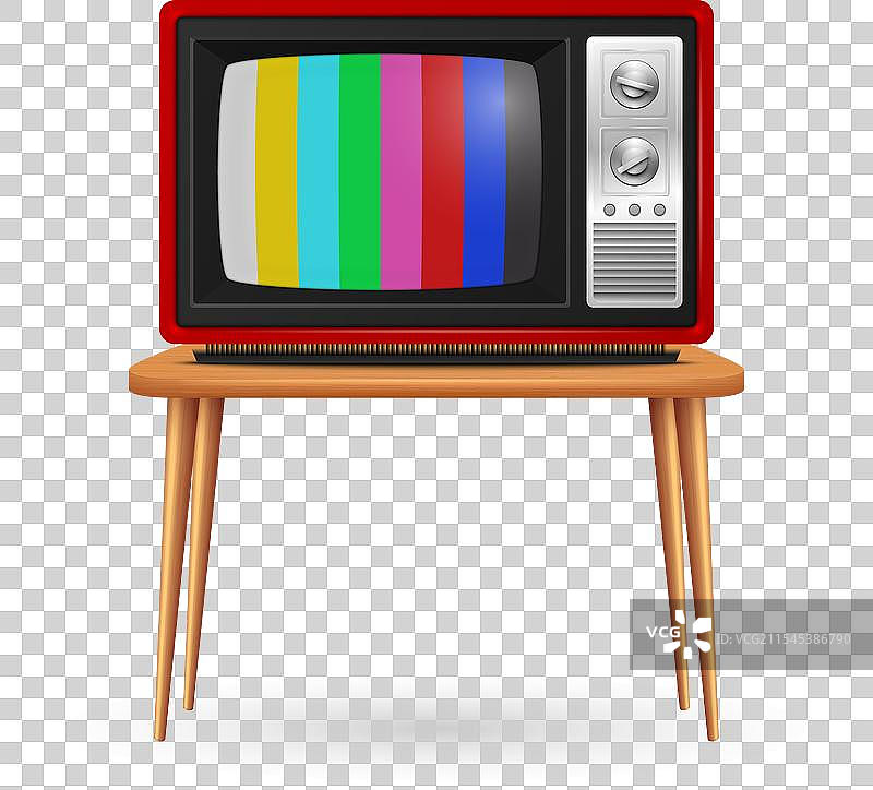 逼真的红色复古电视机放在木制表面上图片素材