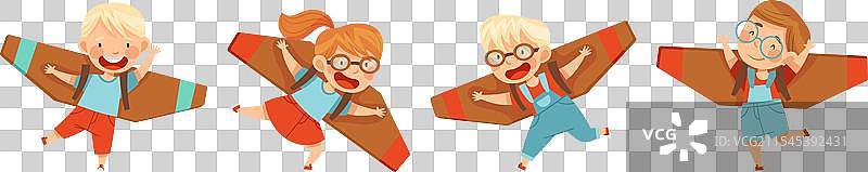 小男孩和小女孩带着纸板翅膀梦想着图片素材