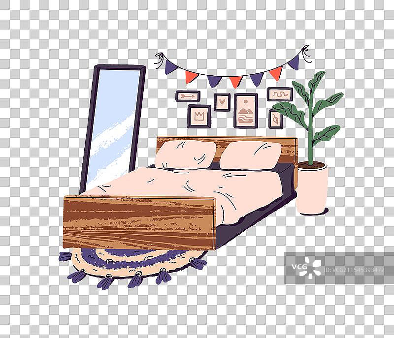 舒适的双人床上摆放着枕头，位于房间内图片素材