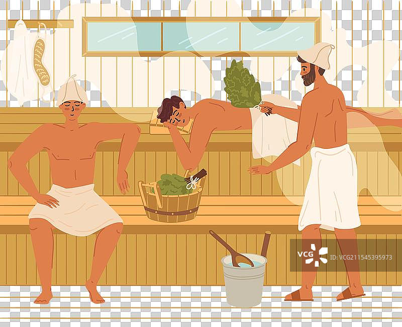 年轻男性朋友在桑拿蒸汽房的场景图片素材