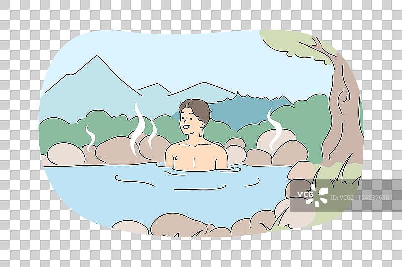 男子在森林中的温泉里洗澡图片素材
