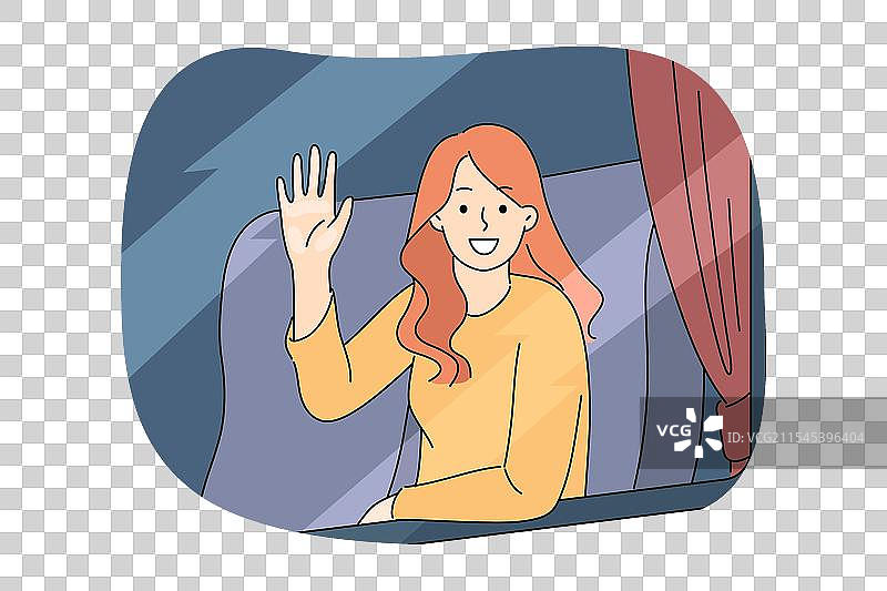 女性火车乘客挥手致意图片素材
